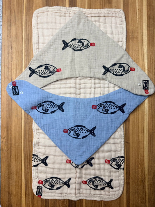 Burp Cloth & Bandana Bib Set - Soy Sauce Fish